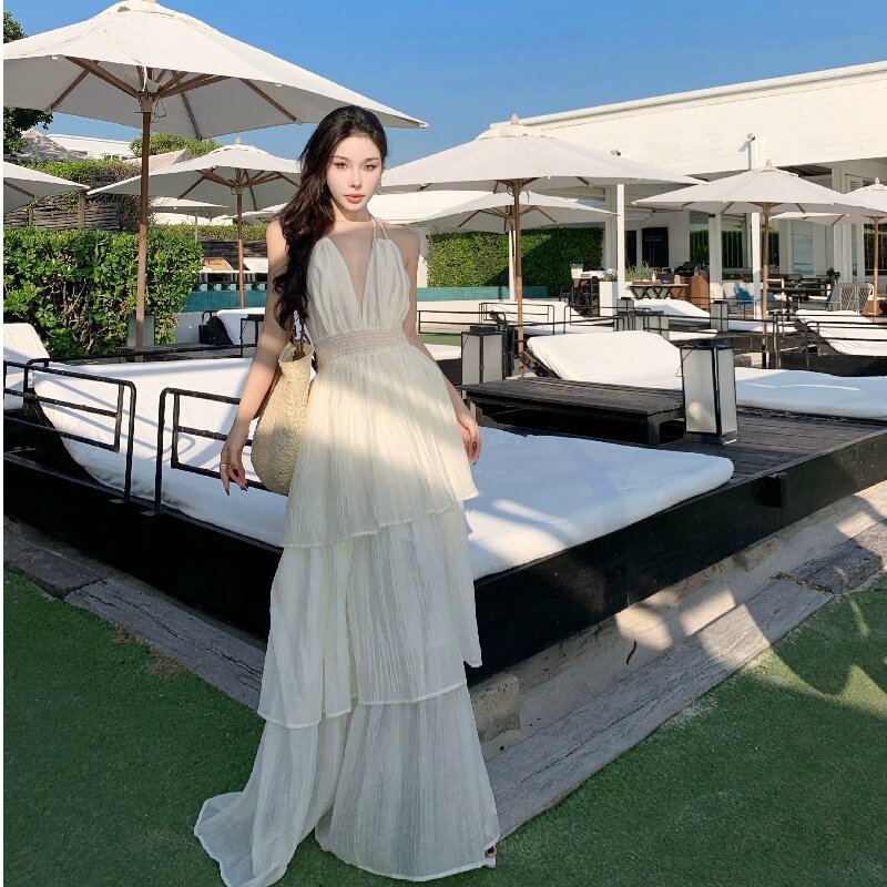 Deep V New Patchwork Slim Fit Slimming Spaghetti Straps Tiered-Ruffle Long Dress