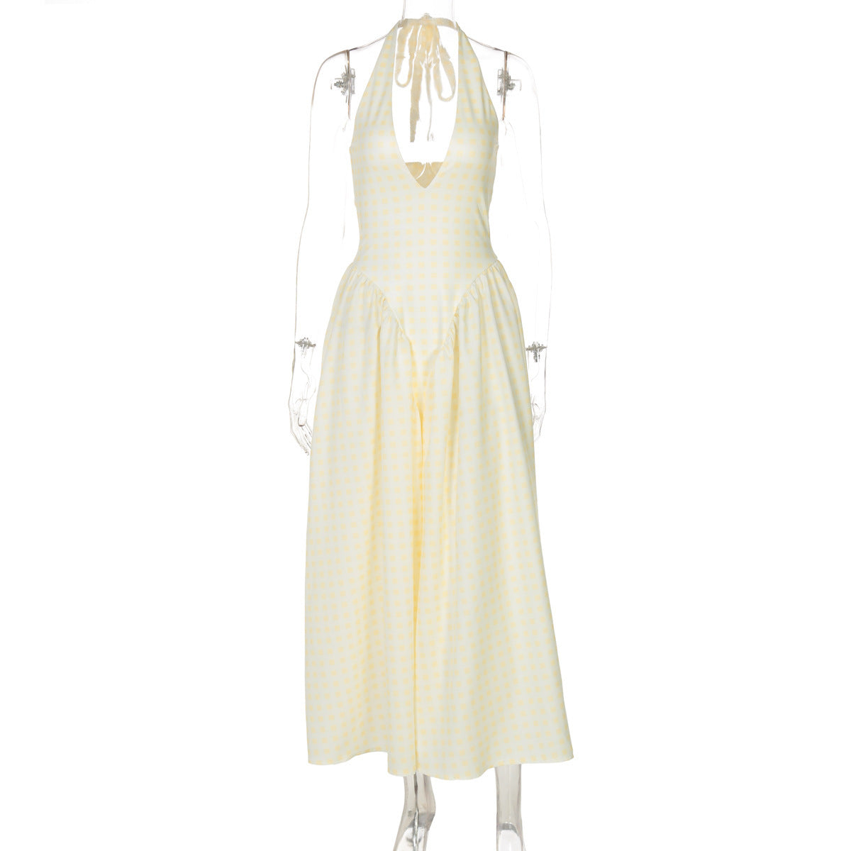 Hot New Sexy Solid Color Deep V Neck Hollow Out Halter Elegant Flared Hem Dress For Women