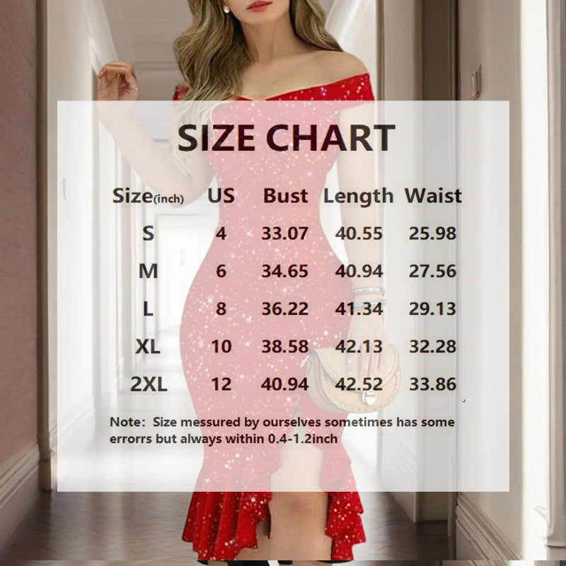 Women's Solid Color Ruffled High-Slit Bodycon Dress Sparkling Off-Shoulder Party Dress For Summer