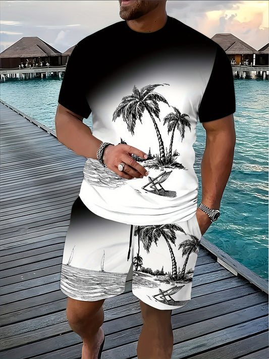 3D Digital Print T-Shirt and Shorts Set - Black & White Botanical, Casual Round Neck Top with Kangaroo Pocket, Perfect for Outdoor Activities & Fitness, Spring/Summer Collection