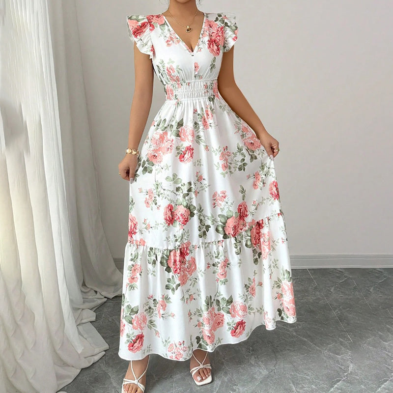 Womens Casual Summer Maxi Dress Flutter Short Sleeve V Neck Smocked A Line Flowy Beach Vacation Long Dresses