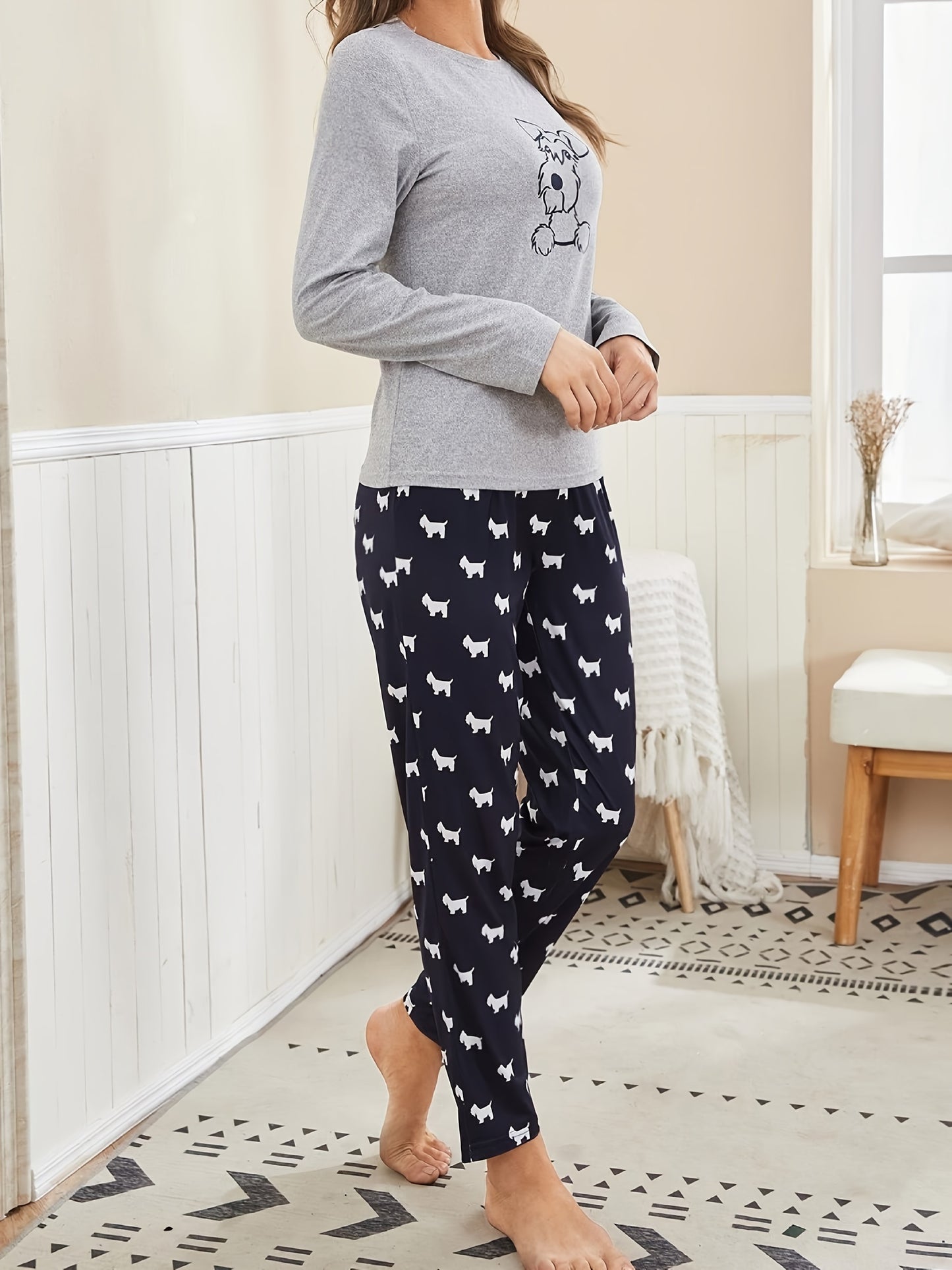 Cartoon Dog Print Pajama Set, Long Sleeve Crew Neck Top & Elastic Waistband Pants, Women's Sleepwear & Loungewear