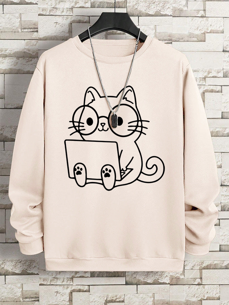 Gentleman Cat At Work Printed Men's Sweatshirt Hip Hop Loose