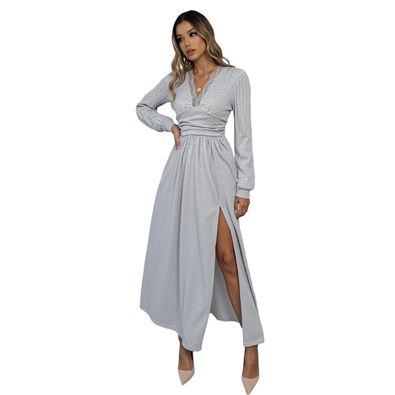 V-neck Long-sleeve Dress Women's Solid Color High-grade Brushed Split Dress