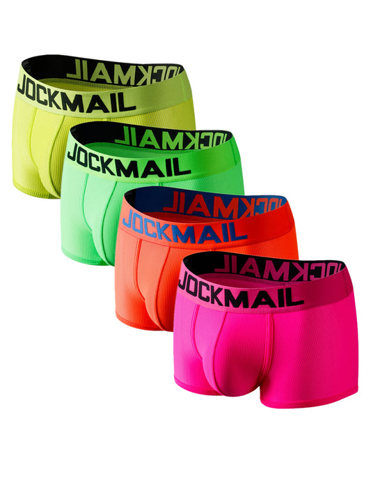4pcs JOCKMAIL Sexy Neon Low Waist Mesh Breathable Boxer Briefs - Quick Dry, Medium Stretch, Semi-Sheer, Solid Color, Hand Washable, Comfortable Mens Underwear for Summer, Gym, Sports - High-Quality Nylon Fabric