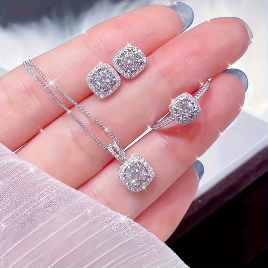 925 Silver Cube Shiny zirconia Set Earrings and Pendant Necklace and Ring, Elegant Luxury Style, Exquisite Women'S Gift