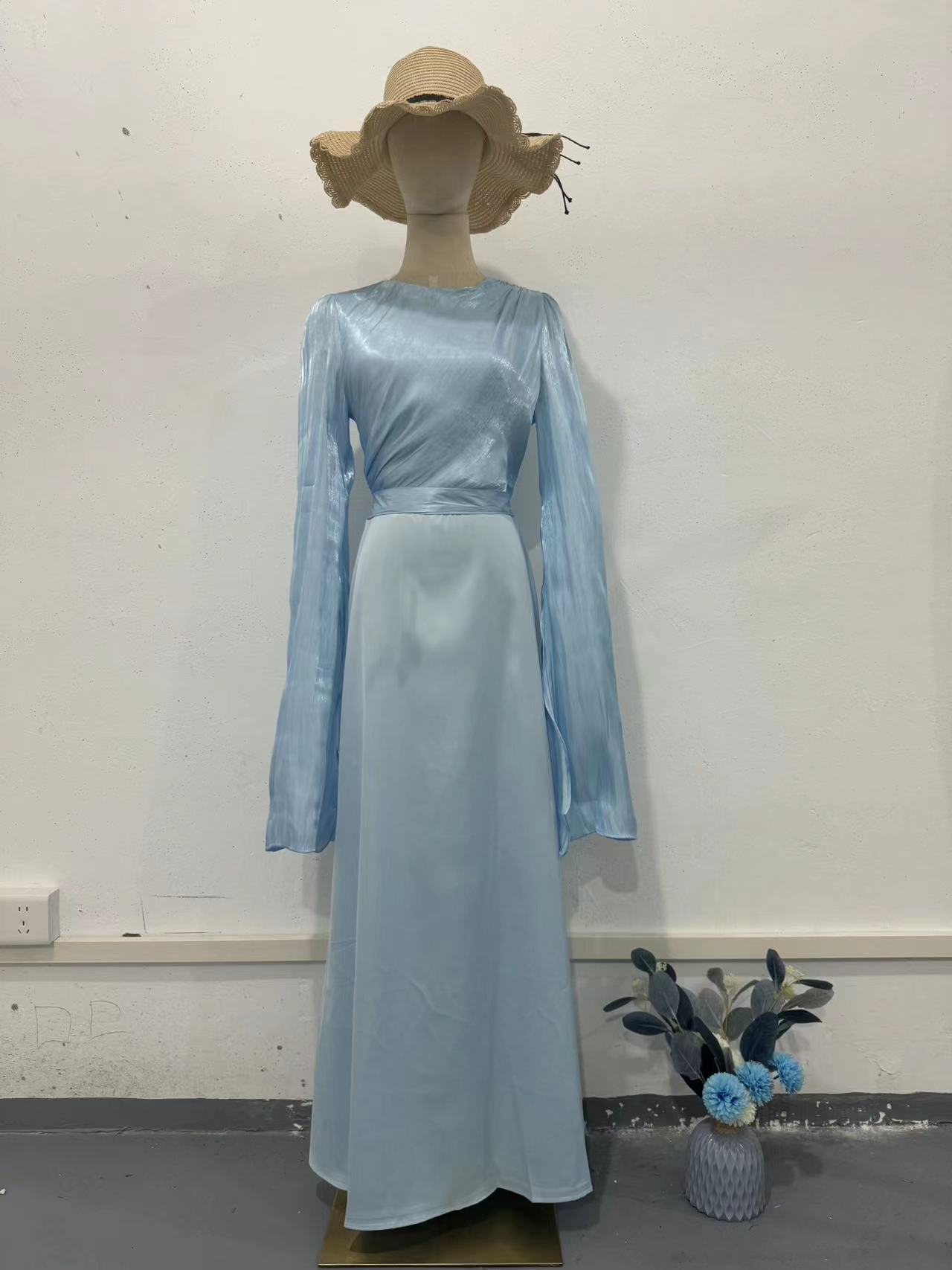 Summer Stitching Glass Yarn Large Swing Sleeve Length Satin Slim Fit Dress