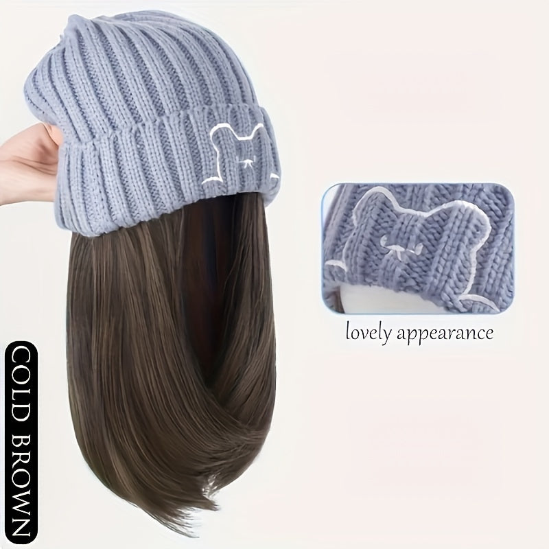Winter Beanie Match With 10-inch Synthetic Hair Extensions For Women, Cable Knit Slouchy Hat Wig Combo, Warm Fashion Headwear For Autumn And Winter Halloween Christmas