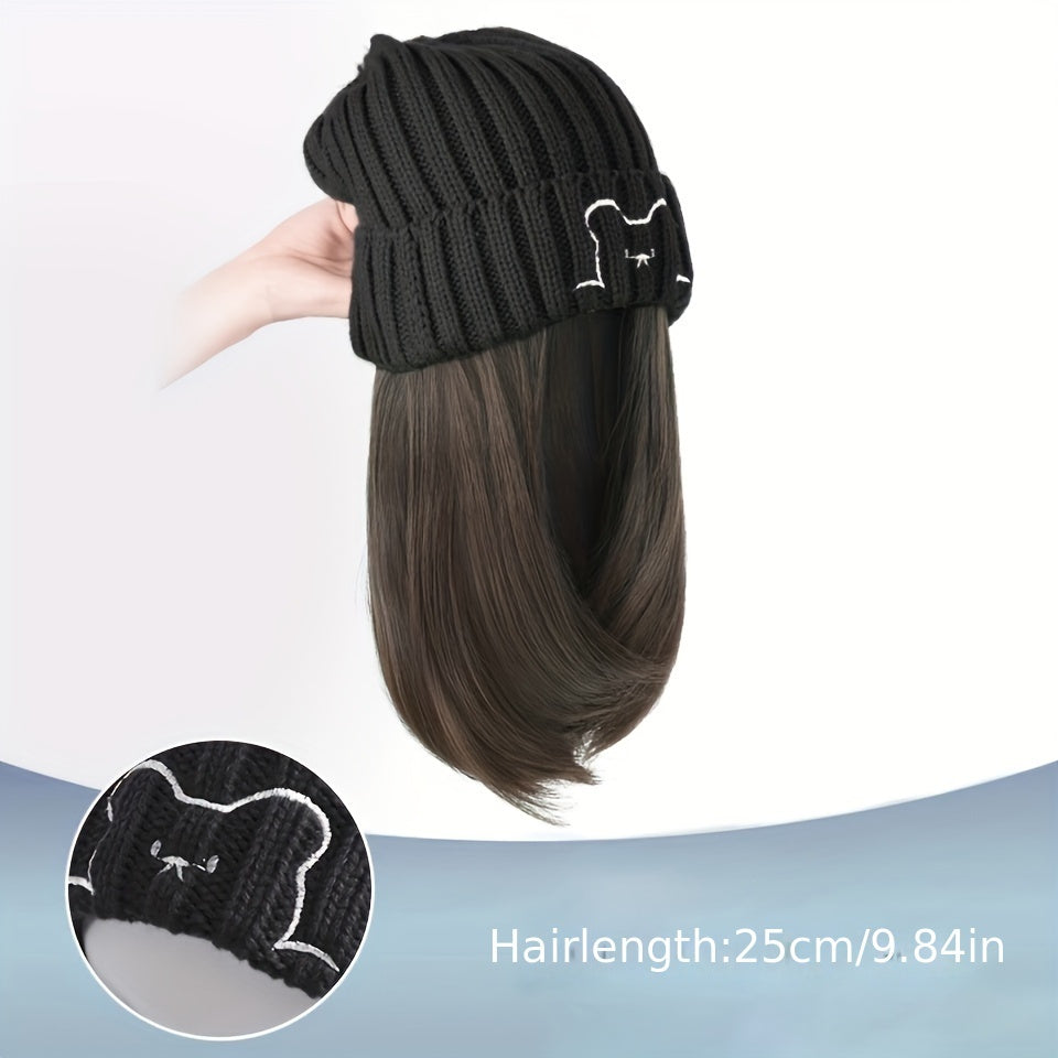 Winter Beanie Match With 10-inch Synthetic Hair Extensions For Women, Cable Knit Slouchy Hat Wig Combo, Warm Fashion Headwear For Autumn And Winter Halloween Christmas