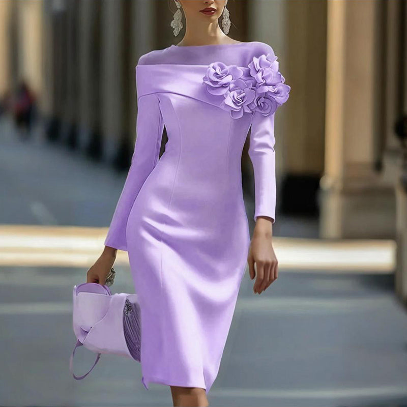 Women's Floral Embellished Long Sleeve Solid Color Round Neck A-Line Bodycon Party Dress For Spring&Summer Vacation
