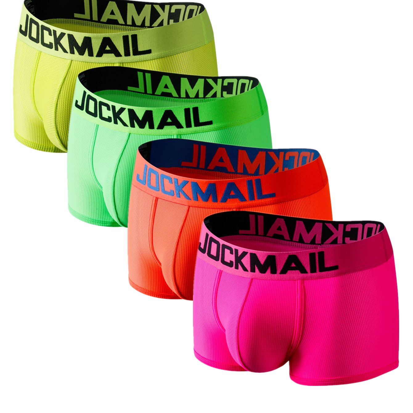 4pcs JOCKMAIL Sexy Neon Low Waist Mesh Breathable Boxer Briefs - Quick Dry, Medium Stretch, Semi-Sheer, Solid Color, Hand Washable, Comfortable Mens Underwear for Summer, Gym, Sports - High-Quality Nylon Fabric