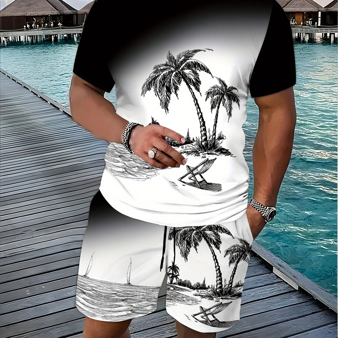 3D Digital Print T-Shirt and Shorts Set - Black & White Botanical, Casual Round Neck Top with Kangaroo Pocket, Perfect for Outdoor Activities & Fitness, Spring/Summer Collection