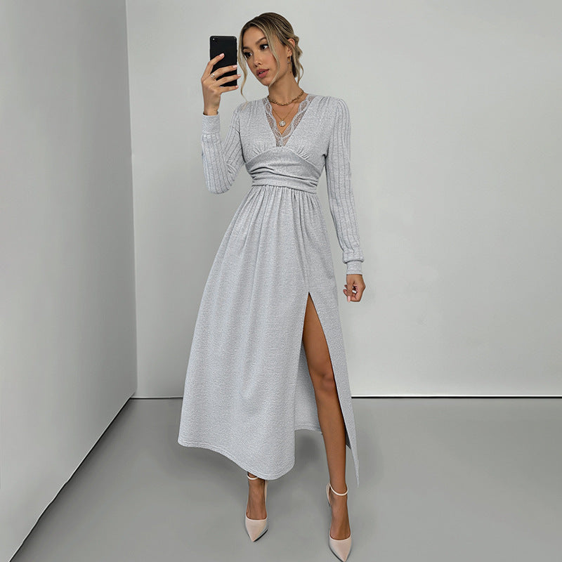 V-neck Long-sleeve Dress Women's Solid Color High-grade Brushed Split Dress