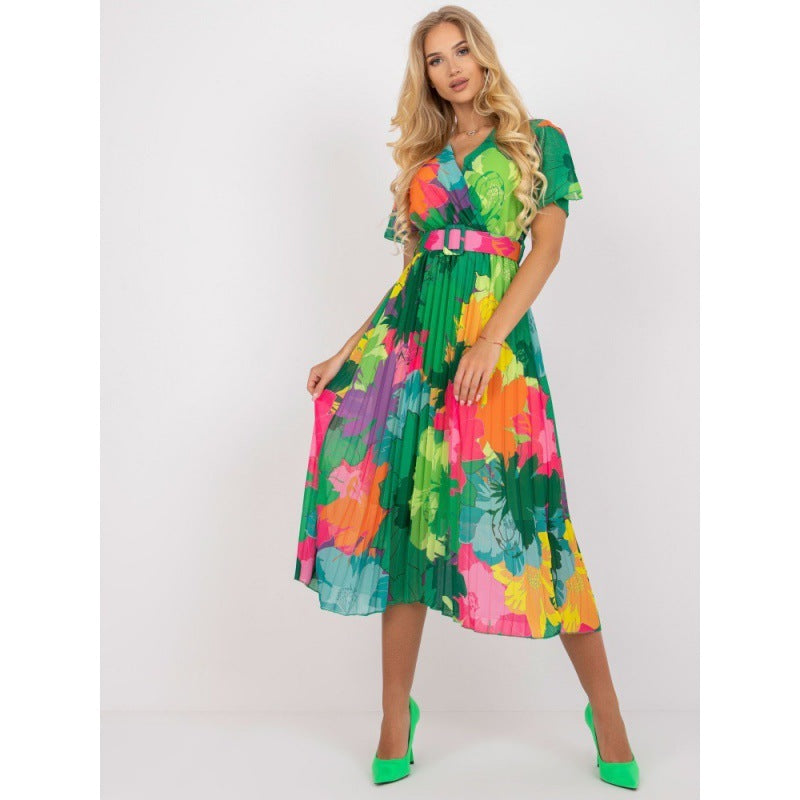 Women's Fashion Pleated Printed Belt Dress