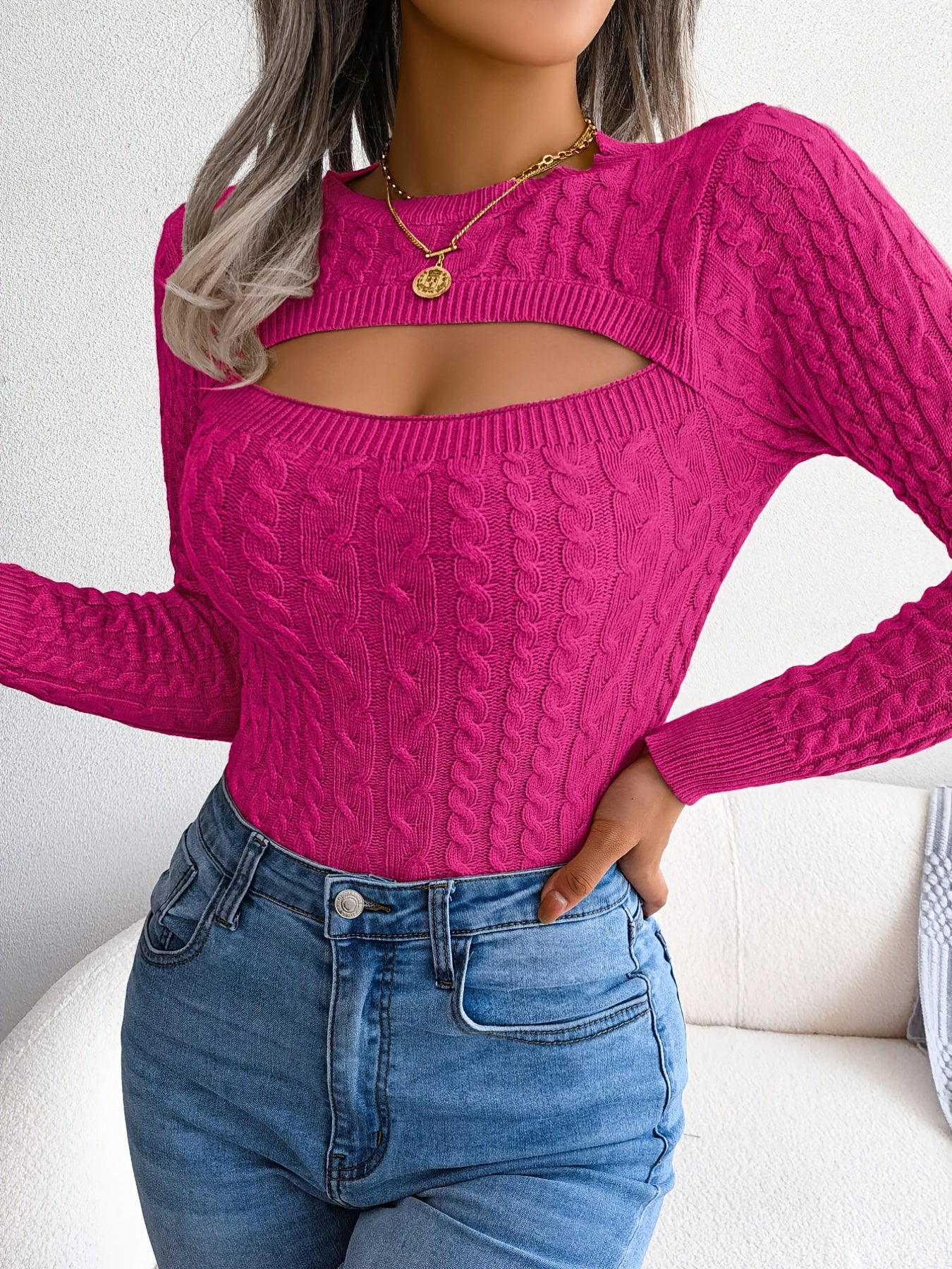 Women'S Stylish Hollow-Out Knit Pullover Sweater, Long Sleeve Crew Neck, Skinny Fit, Acrylic Blend (Polyester 28%, Polyamide 22%, Viscose 28%), High Stretch Fabric, Solid Color, Spring/Fall Fashion Top