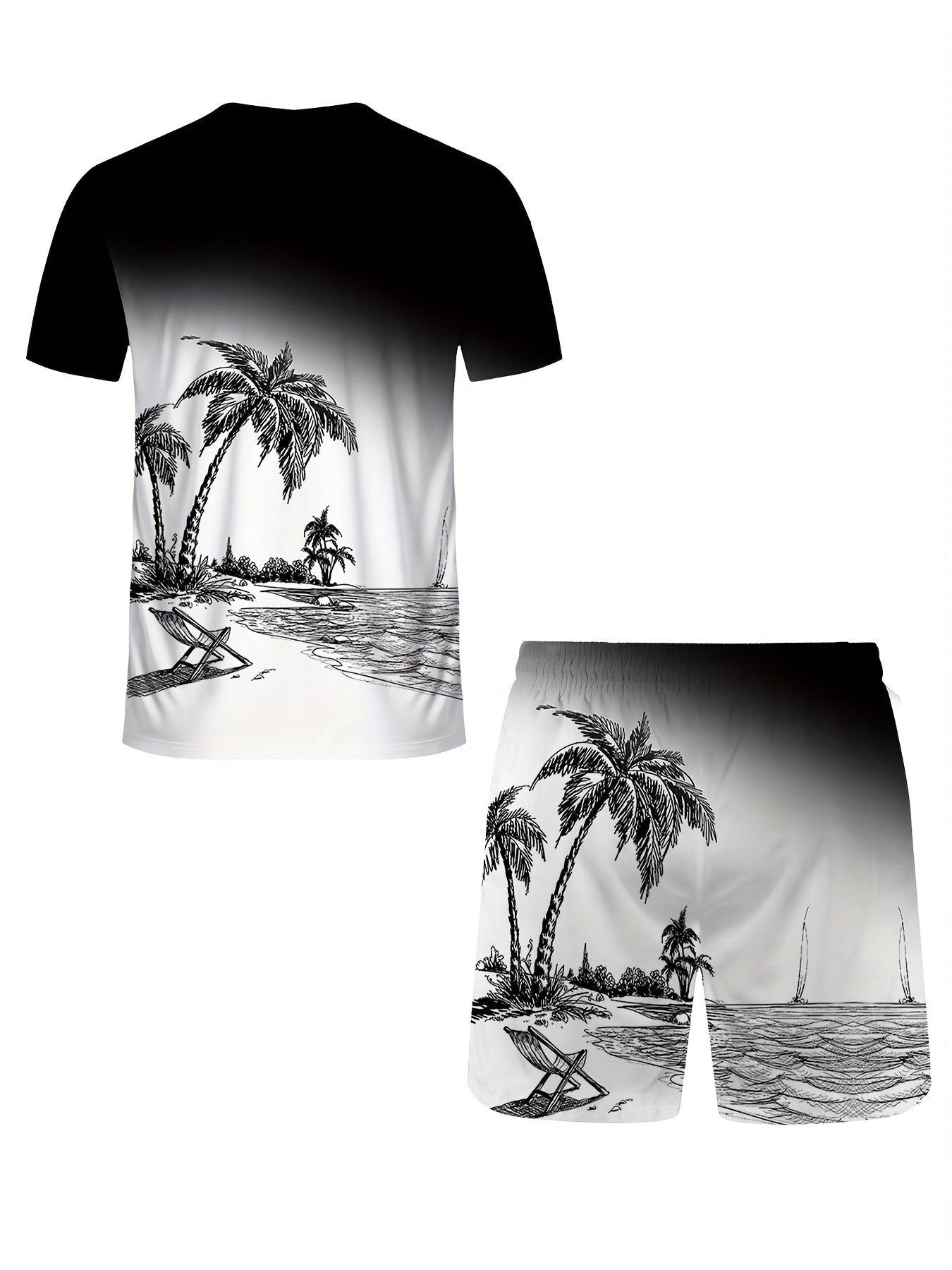 3D Digital Print T-Shirt and Shorts Set - Black & White Botanical, Casual Round Neck Top with Kangaroo Pocket, Perfect for Outdoor Activities & Fitness, Spring/Summer Collection