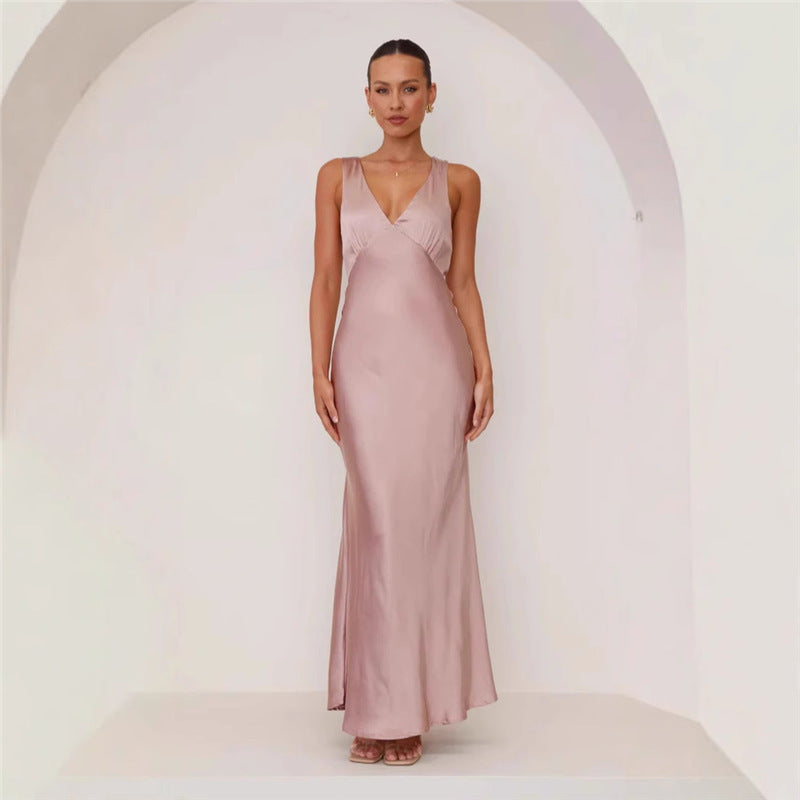 Women's Clothing Solid Color And V-neck Slim Fit Dress