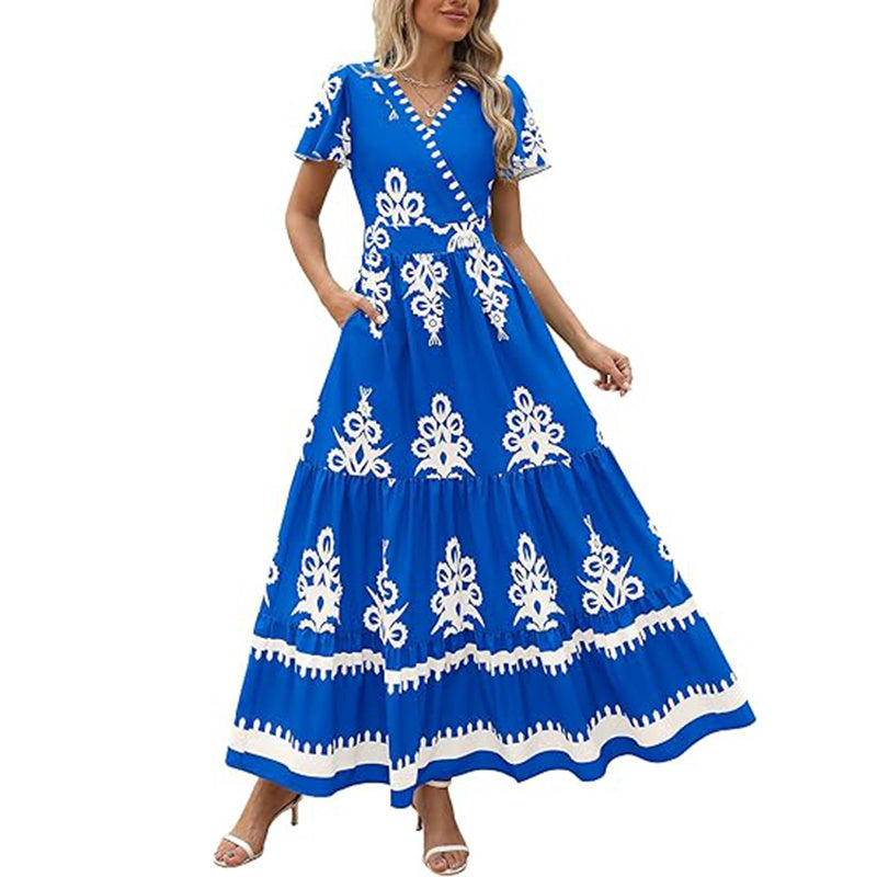 Womens Summer Casual V Neck Boho Maxi Dress Flowy Aline Bell Sleeve Tiered Floral Dresses With Pocket