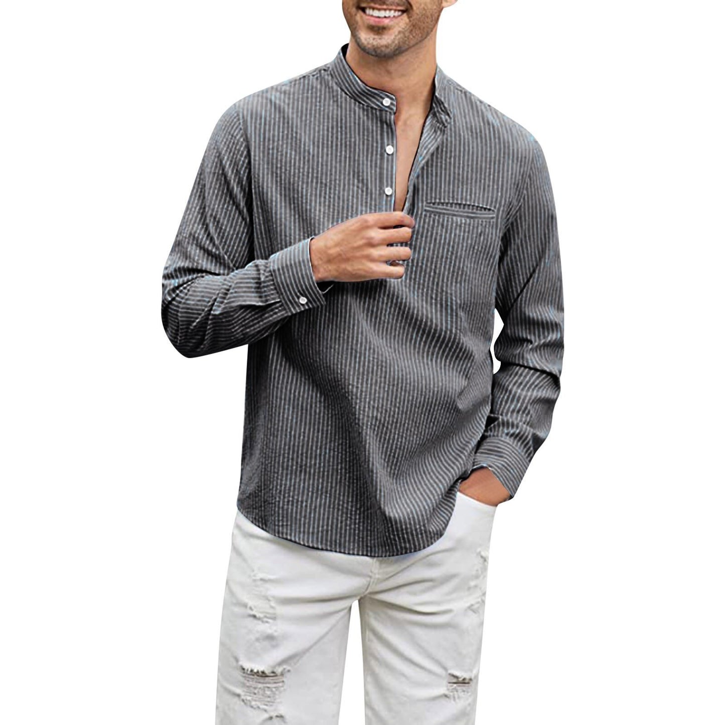 Cotton And Linen Men's Shirt Stand Collar