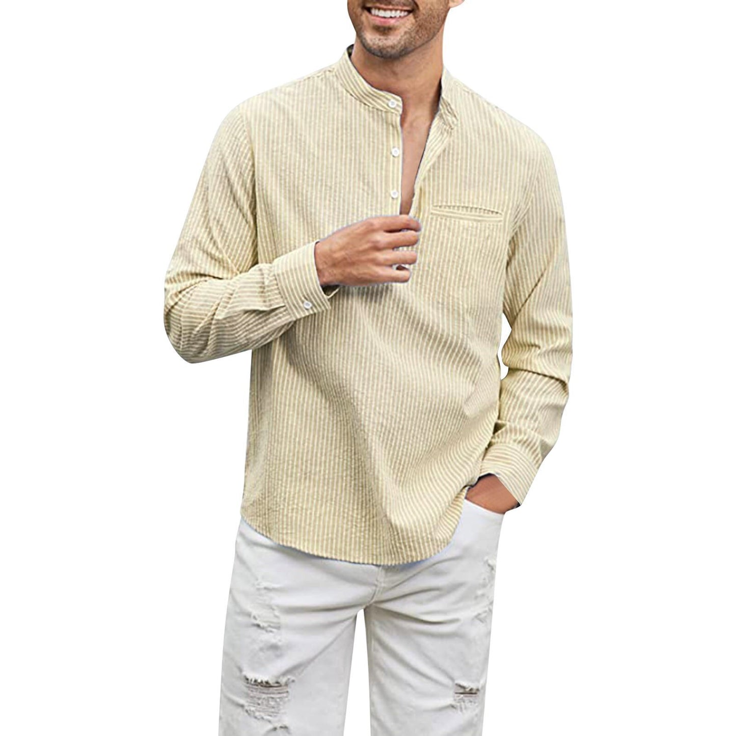 Cotton And Linen Men's Shirt Stand Collar