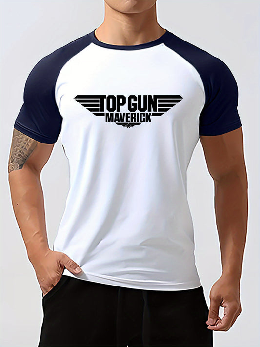 Top Gun Maverick Graphic Tee, Men'S Polyester Crew Neck T-Shirt, Casual Style, Slight Stretch Knit Fabric, Regular Fit, for Sports & Outdoor Activities, Spring/Summer Collection