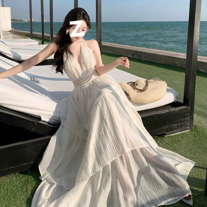 Deep V New Patchwork Slim Fit Slimming Spaghetti Straps Tiered-Ruffle Long Dress