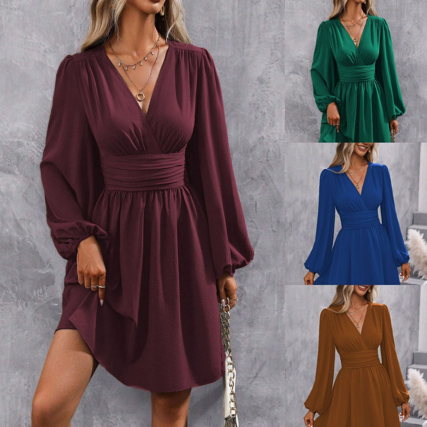 Women's Diagonal Collar Lantern Sleeve Smocking Pleated Waist Dress