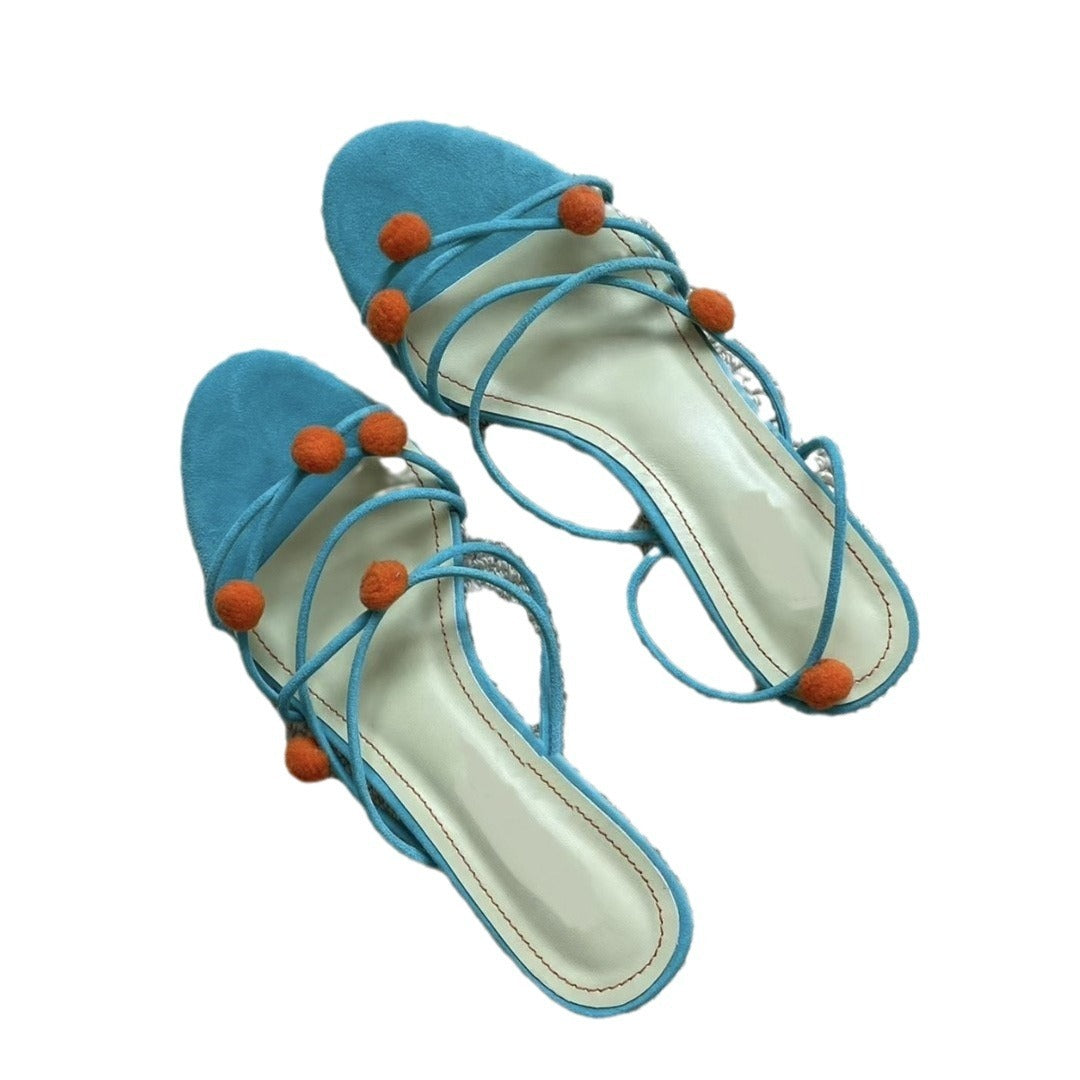 French Genuine Leather Niche Ball Lace-up High-heeled Sandals Thin Strap Open Toe