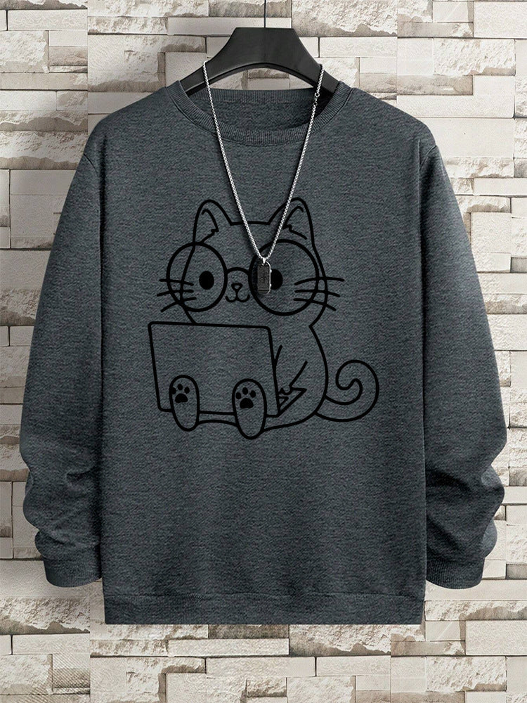 Gentleman Cat At Work Printed Men's Sweatshirt Hip Hop Loose