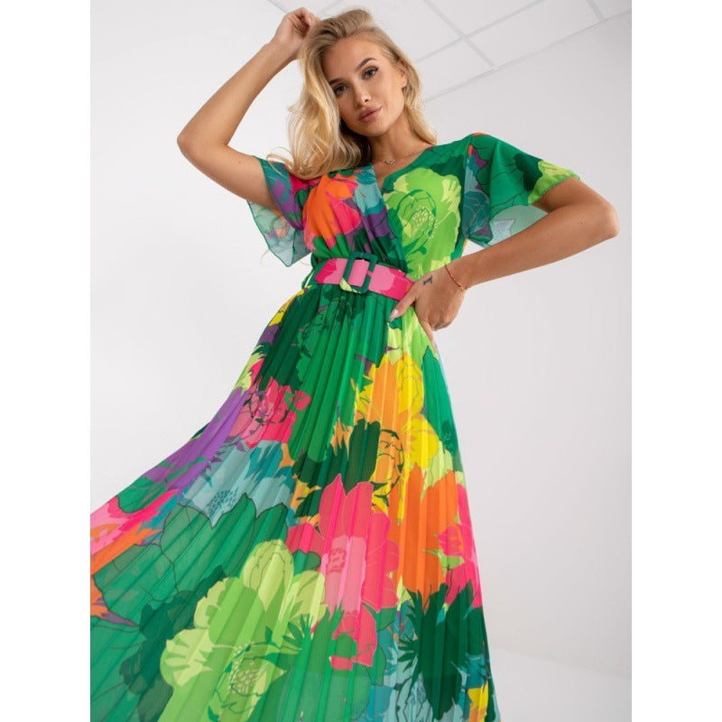 Women's Fashion Pleated Printed Belt Dress