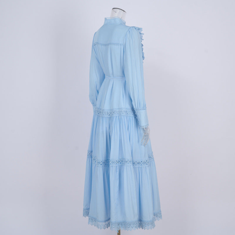 Design Embroidered Shirt Waist-tight Slimming Lantern Sleeves Long Skirt