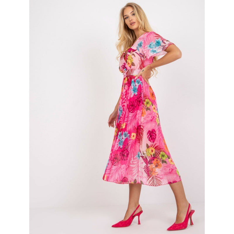 Women's Fashion Pleated Printed Belt Dress