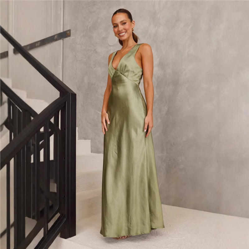 Women's Clothing Solid Color And V-neck Slim Fit Dress