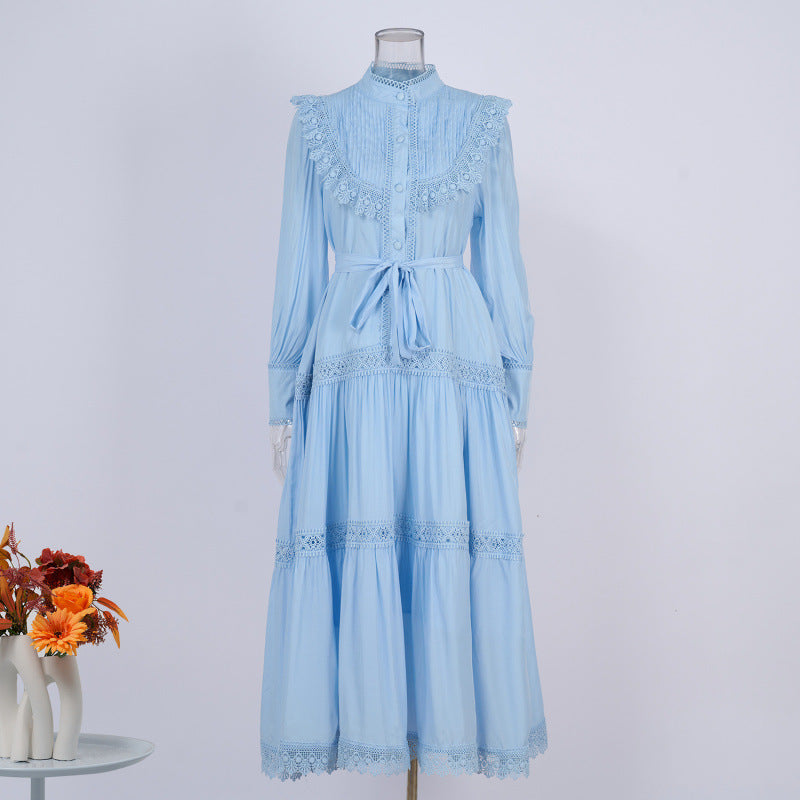 Design Embroidered Shirt Waist-tight Slimming Lantern Sleeves Long Skirt