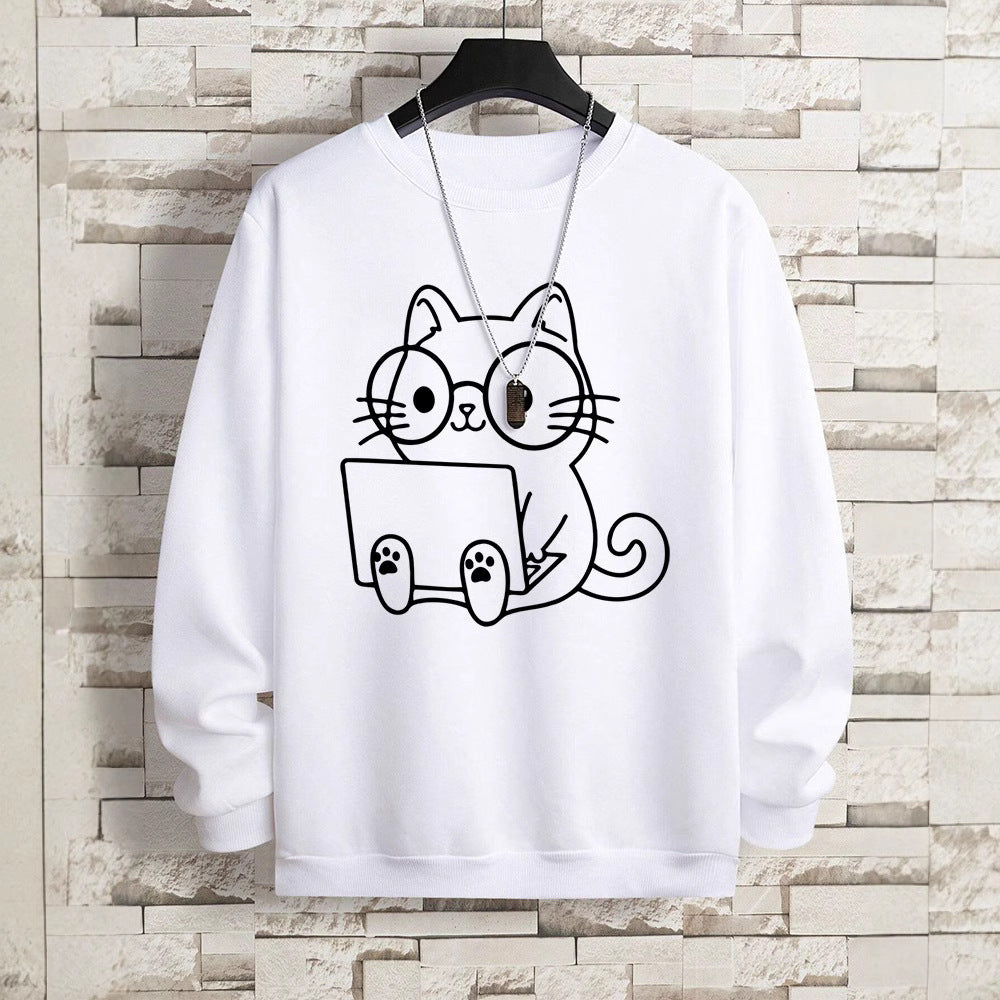 Gentleman Cat At Work Printed Men's Sweatshirt Hip Hop Loose