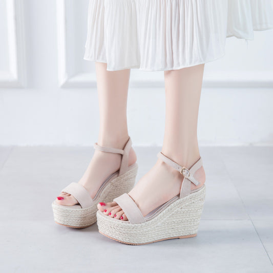 Open Toe Ankle-strap Buckle Wedge Woven Sandals