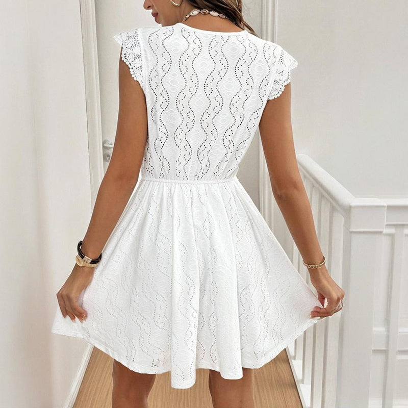 Women's V-Neck Solid Color Short Sleeve Dress With Lace Trim - Summer Sexy Vacation Dress