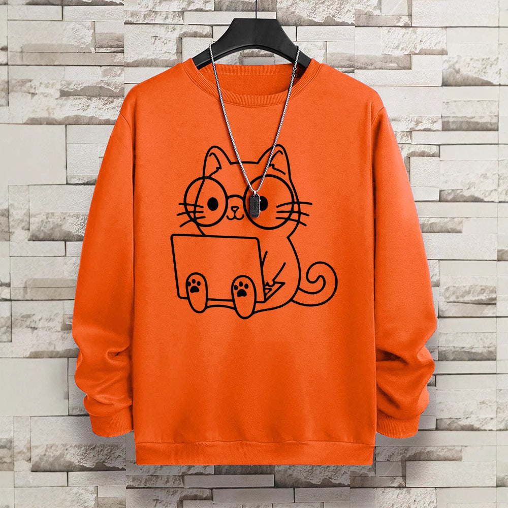 Gentleman Cat At Work Printed Men's Sweatshirt Hip Hop Loose