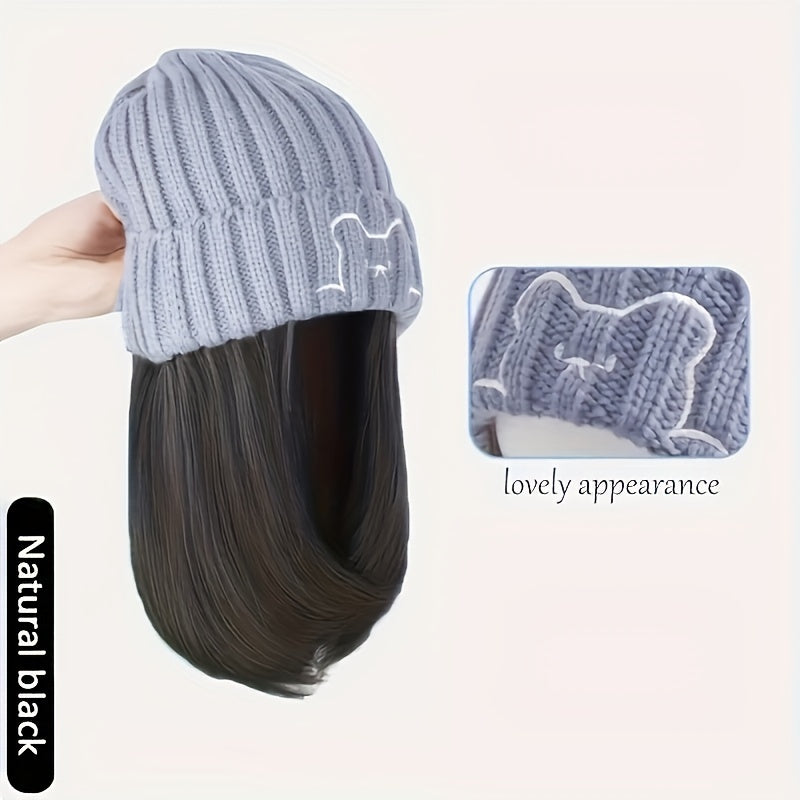 Winter Beanie Match With 10-inch Synthetic Hair Extensions For Women, Cable Knit Slouchy Hat Wig Combo, Warm Fashion Headwear For Autumn And Winter Halloween Christmas