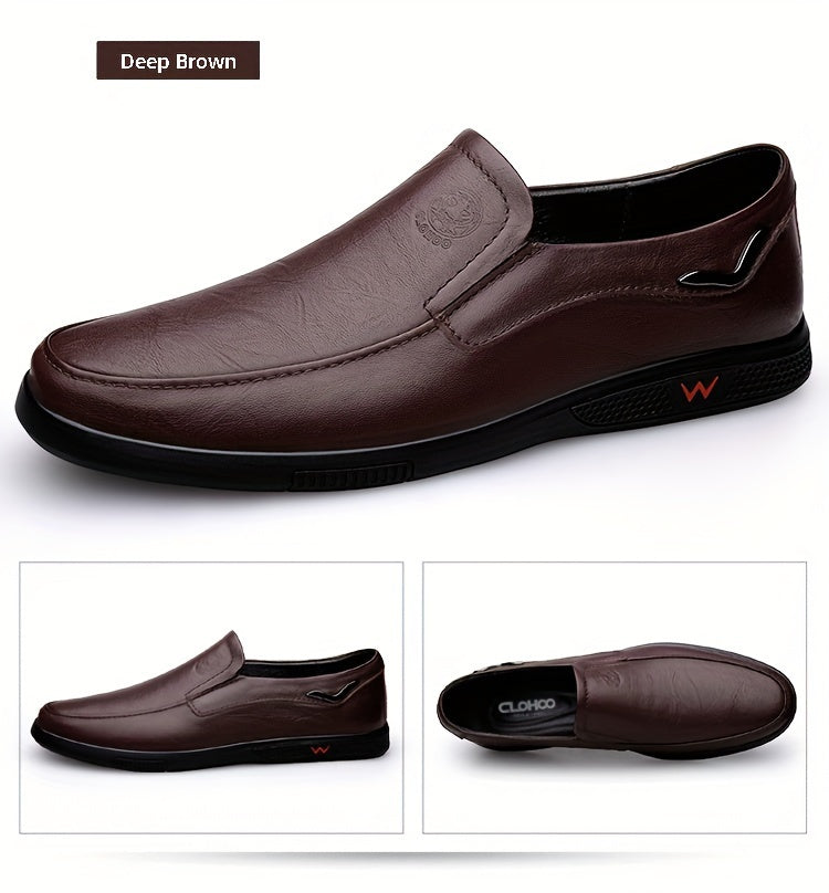 Men's Slip-On Casual Shoes - Genuine Leather Upper, Rubber Sole with PU Cushioned Insole, All-Season Comfort for Business & Vacation, Brown/Black, Casual Footwear | Classic Slipon | Rubber Sole Footwear