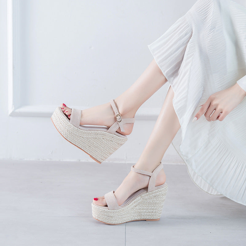 Open Toe Ankle-strap Buckle Wedge Woven Sandals