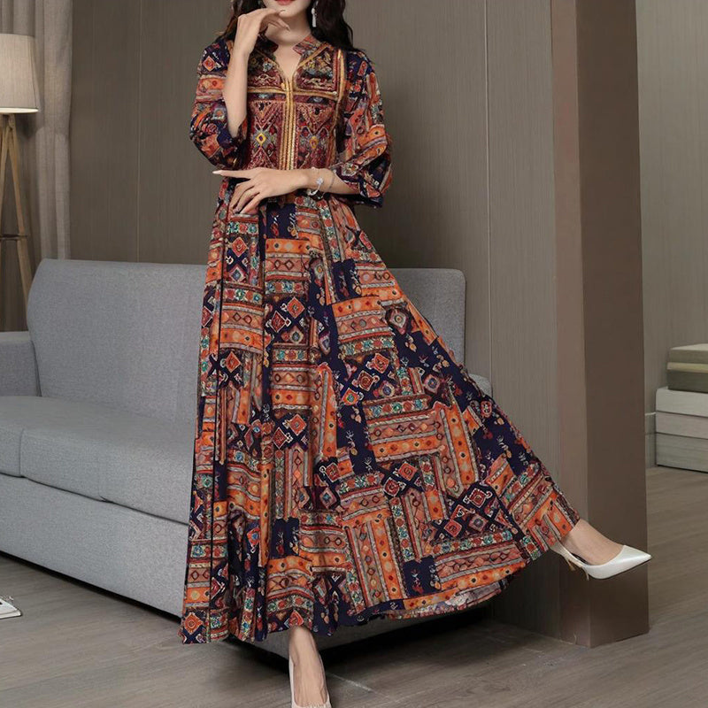 Women's Middle Eastern Style Long Sleeve Dress - Geometric Print V-Neck Embroidered Maxi Dress Boho Vacation Dress