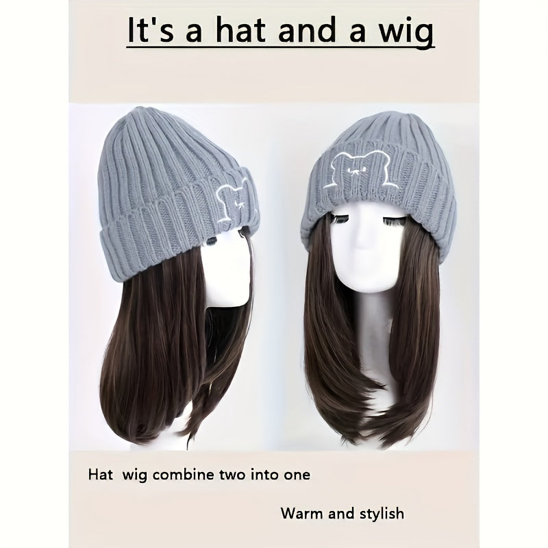 Winter Beanie Match With 10-inch Synthetic Hair Extensions For Women, Cable Knit Slouchy Hat Wig Combo, Warm Fashion Headwear For Autumn And Winter Halloween Christmas