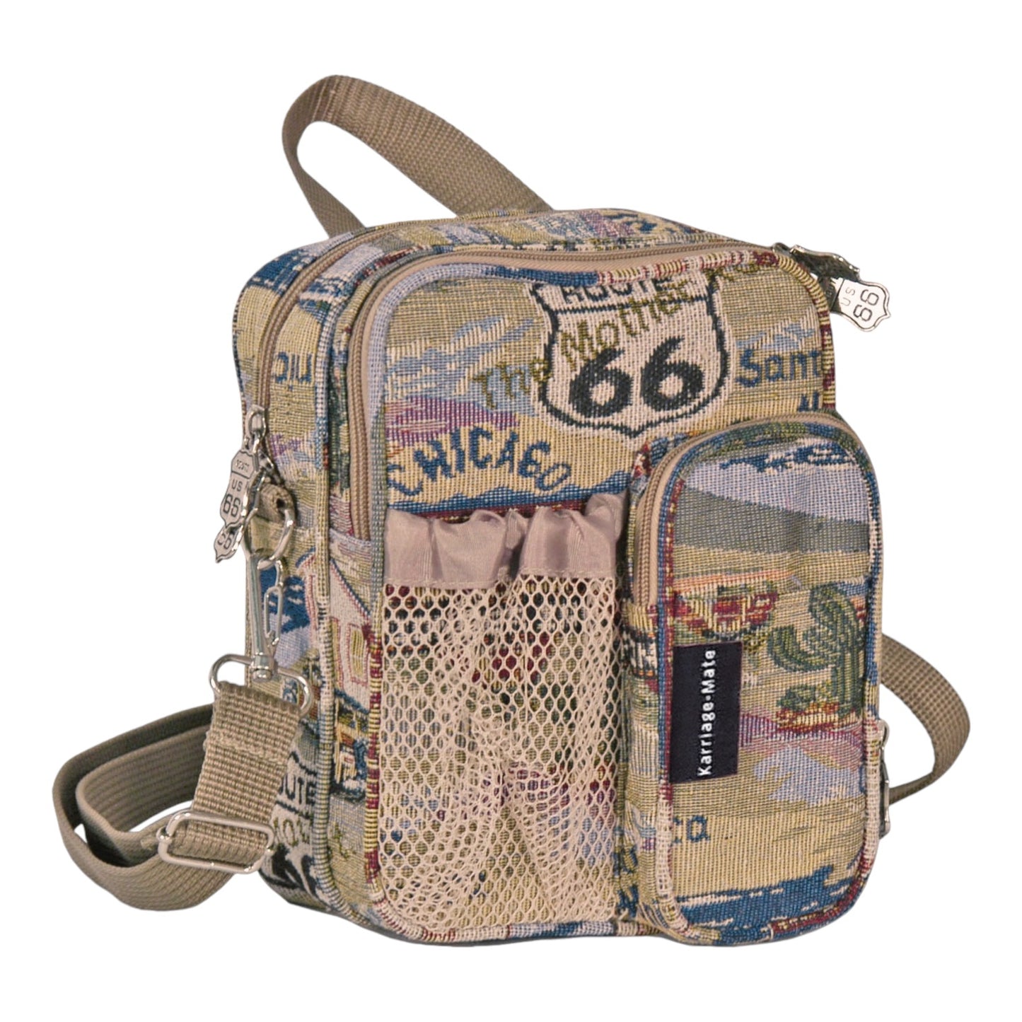 Stylish Compact Crossbody Sling Bag with Adjustable Strap, Durable Woven Fabric, Multiple Compartments, and Unique Route 66 Travel Print for Everyday Adventures