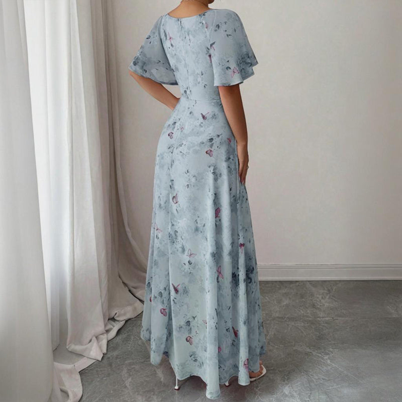 Women's Solid Color Square Neck Short Sleeve Butterfly Print Flowy Dress A-Line Summer Vacation Maxi Dress