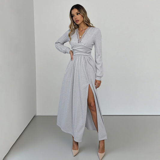 V-neck Long-sleeve Dress Women's Solid Color High-grade Brushed Split Dress