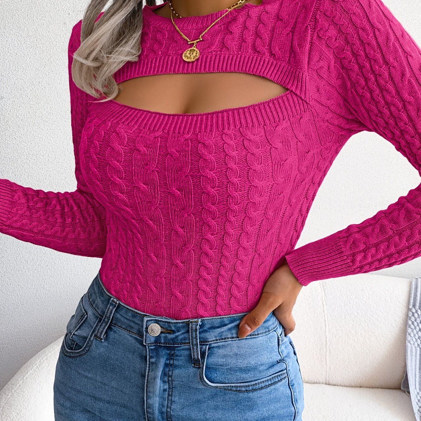 Women'S Stylish Hollow-Out Knit Pullover Sweater, Long Sleeve Crew Neck, Skinny Fit, Acrylic Blend (Polyester 28%, Polyamide 22%, Viscose 28%), High Stretch Fabric, Solid Color, Spring/Fall Fashion Top