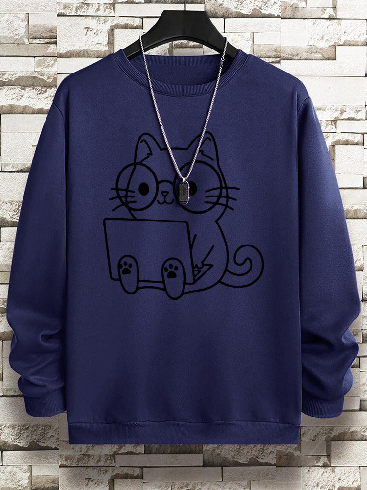 Gentleman Cat At Work Printed Men's Sweatshirt Hip Hop Loose