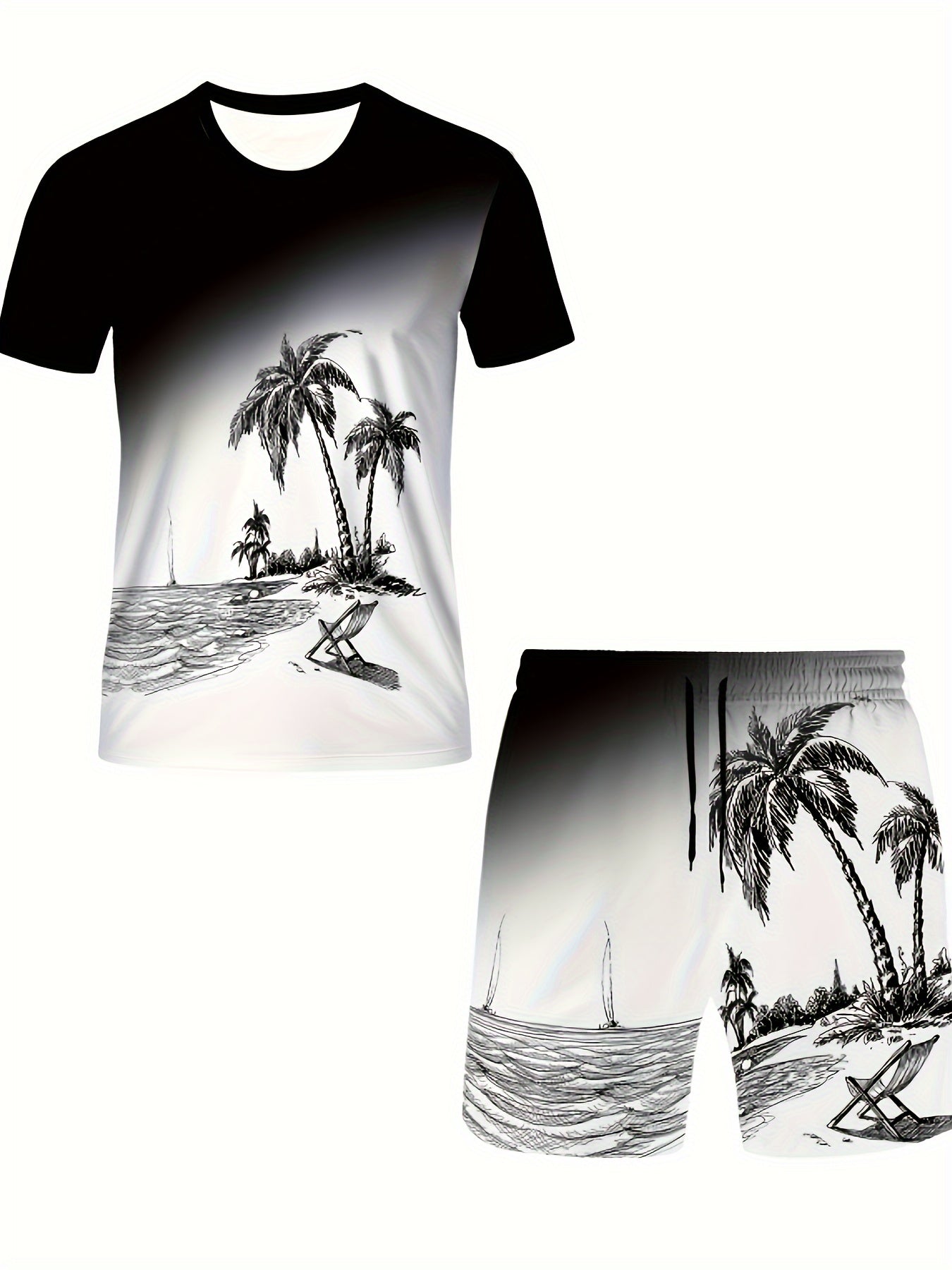3D Digital Print T-Shirt and Shorts Set - Black & White Botanical, Casual Round Neck Top with Kangaroo Pocket, Perfect for Outdoor Activities & Fitness, Spring/Summer Collection