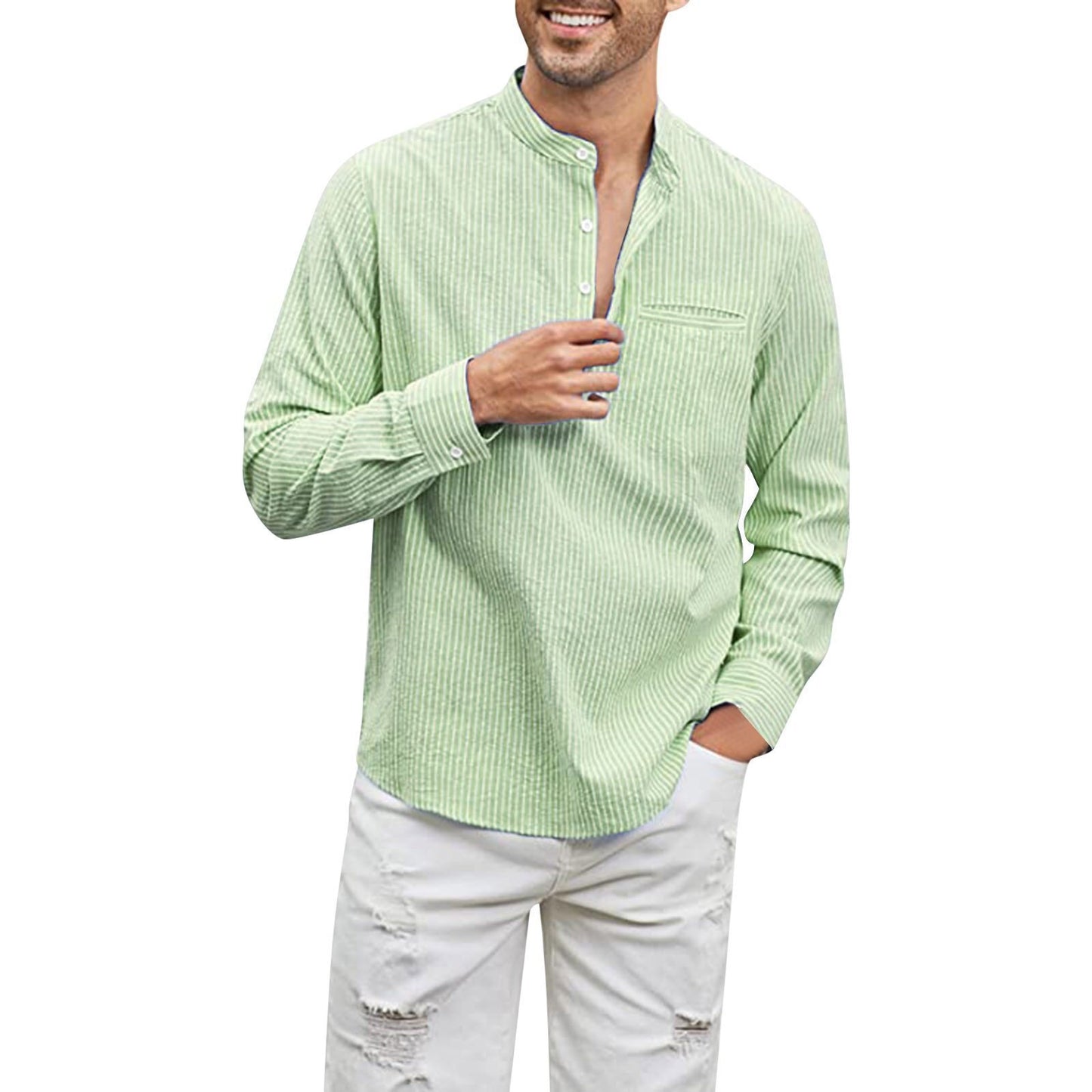 Cotton And Linen Men's Shirt Stand Collar